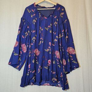 Love Riche Dress Navy Blue Floral Swing Mini Bell Sleeves Lined V-neck Large ?